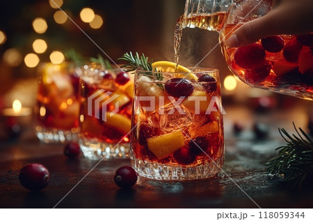 Female Hand Pouring Holiday Sangria in Glasses with Fruit Slice, Cranberry, and Rosemary on Dark Christmas Background 118059344