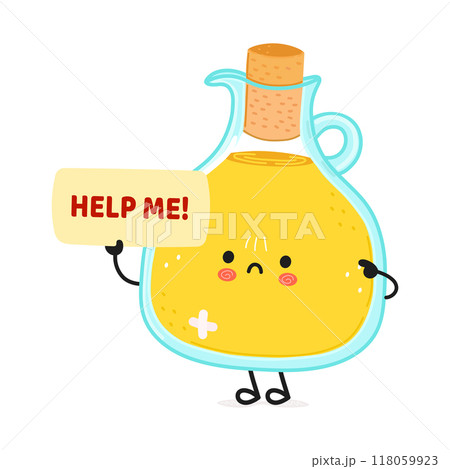 Cute sad sick Olive oil asks for help character. Vector hand drawn cartoon kawaii character illustration icon. Isolated on white background. Suffering unhealthy Olive oil character concept 118059923