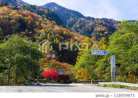 奥飛騨温泉郷「平湯温泉」の紅葉  平湯大滝入口 118059973