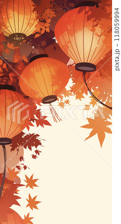 秋の紅葉と提灯の和のフレーム　AI画像 118059994