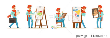 Happy Smiling Man Artist Painting on Canvas with Drawing Easel Vector Set 118060167