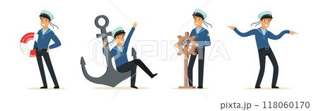 Man Sailor Character in Striped Blue Shirt and Cap Vector Set 118060170