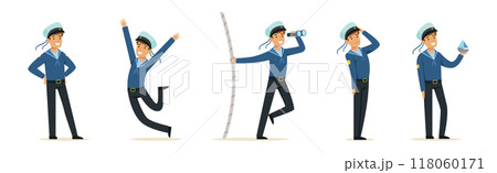 Man Sailor Character in Striped Blue Shirt and Cap Vector Set 118060171