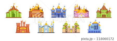 Fairytale Medieval Castle with Tower and Flags Vector Set 118060172