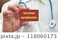 Conceptual sensitive information symbol. Copy space. Sensitive information message written on the red card in the man's hand 118060173