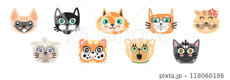 Funny Cat Muzzle and Smiling Snout Vector Set 118060186