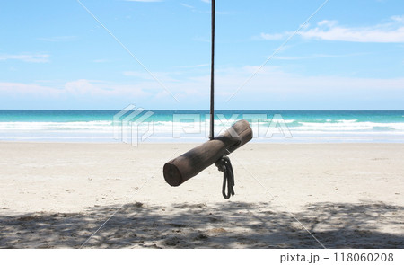 Wooden swing on the beach at the tropical sea in the sunshine 118060208