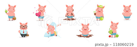 Little Pig Character Engaged in Different Activity Vector Set Little Pig Character Engaged in Different Activity Vector Set 118060219