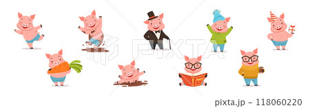 Little Pig Character Engaged in Different Activity Vector Set Little Pig Character Engaged in Different Activity Vector Set 118060220