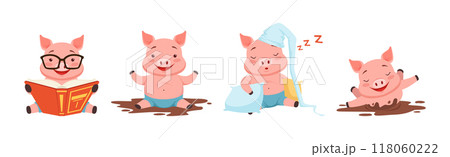 Little Pig Character Engaged in Different Activity Vector Set 118060222