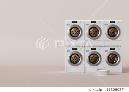 Row of washing machines, public laundry concept. Beige background, copy space for text. Commercial cleaning service. Laundromat. Shared amenities. Self-service, coin laundry, or coin wash. 3D render. 118060274