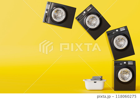 Washing machines levitation, public laundry concept. Yellow background, copy space for text. Commercial cleaning service. Laundromat. Shared amenities. Self-service, coin laundry, or coin wash. 3D 118060275
