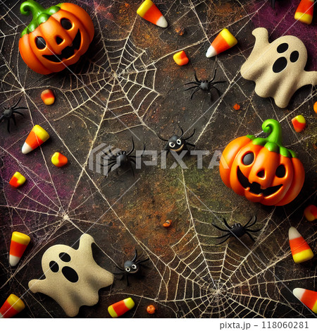 : カラフルなパンプキンとゴーストのハロウィン装飾 118060281