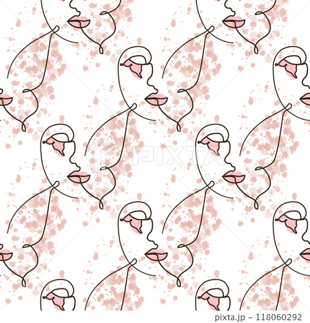 Woman face Continuous line seamless pattern. Abstract Female portrait with Butterfly. Drawing vector Wallpaper 118060292