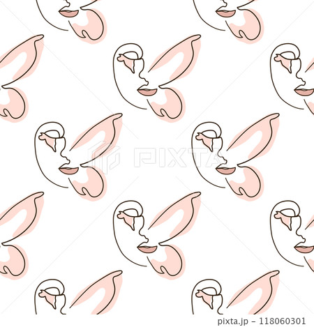 Woman face Continuous line seamless pattern. Abstract Female portrait with Butterfly. Drawing vector Wallpaper 118060301