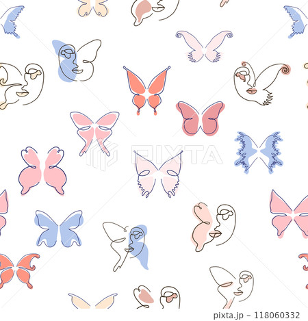 Woman face Continuous line seamless pattern. Abstract Female portrait with Butterfly. Drawing vector Wallpaper 118060332