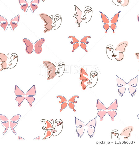 Woman face Continuous line seamless pattern. Abstract Female portrait with Butterfly. Drawing vector Wallpaper 118060337