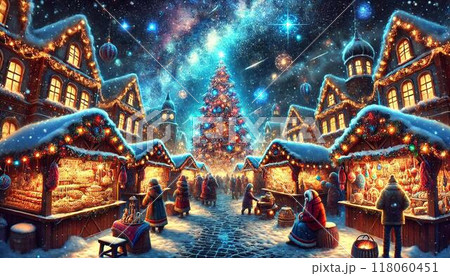 雪降るクリスマスのイルミネーション 雪降るクリスマスのイルミネーション 118060451