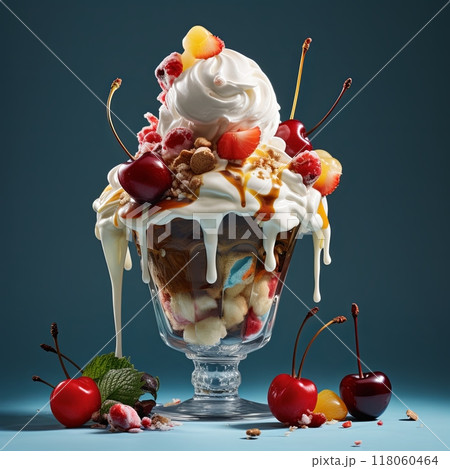 Fresh Berries with Cream - Healthy Breakfast or Dessert, Blue Background 118060464