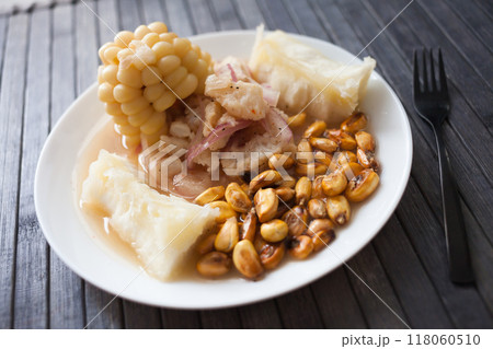 Peruvian traditional dish.fish ceviche with yuka and corn Peruvian traditional dish.fish ceviche with yuka and corn 118060510