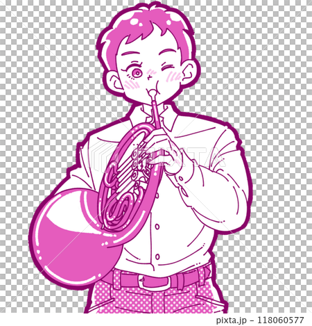 Illustration of a boy playing the horn Illustration of a boy playing the horn 118060577