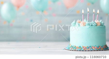 Colorful birthday cake with candles in soft pastel shades 118060710