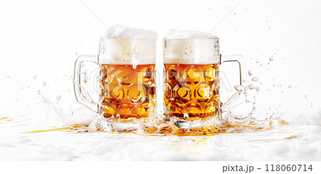 Two frothy mugs of beer splash in a lively celebration on a white background 118060714