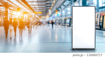 Mock up of empty advertising display stand in a busy train station during late afternoon rush hour 118060717