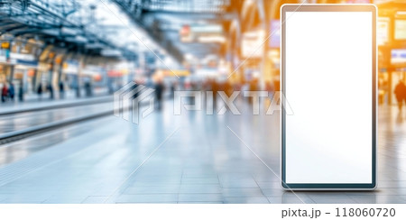 Mock up of an empty display in a bustling train station with blurred commuters 118060720