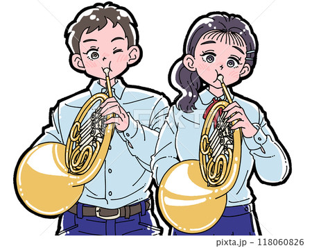 ホルンを吹く男女のイラスト ホルンを吹く男女のイラスト 118060826