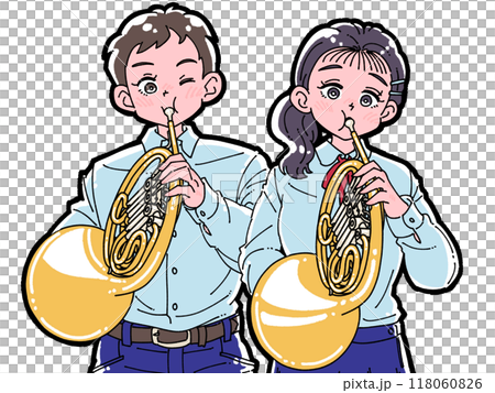 ホルンを吹く男女のイラスト ホルンを吹く男女のイラスト 118060826