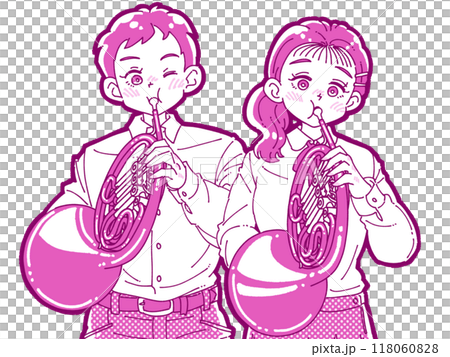 Illustration of a man and woman playing the horn 118060828