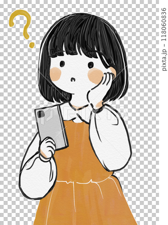 一個不知道如何使用智慧型手機的女孩的手寫插圖 一個不知道如何使用智慧型手機的女孩的手寫插圖 118060836