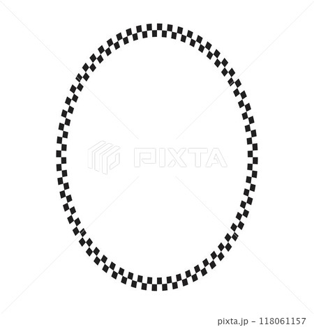 Oval frame with black and white checkered print. Elliptic vignette with checkerboard, race flag or chess game plane pattern. Geometric framework. Vector graphic illistration Oval frame with black and white checkered print. Elliptic vignette with checkerboard, race flag or chess game plane pattern. Geometric framework. Vector graphic illistration 118061157
