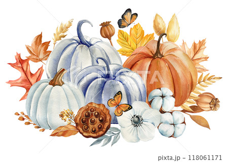 Autumn pumpkins painting, flowers, leaves. Watercolor hand-painted fall. greeting card, poster, autumn festival, design 118061171