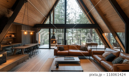 Modern a-frame cabin interior with large windows overlooking forest 118061424