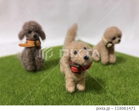 芝生で遊ぶ羊毛フェルトの犬 118061471