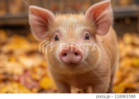 Cute piglet standing on autumn leaves looking at camera 118061590