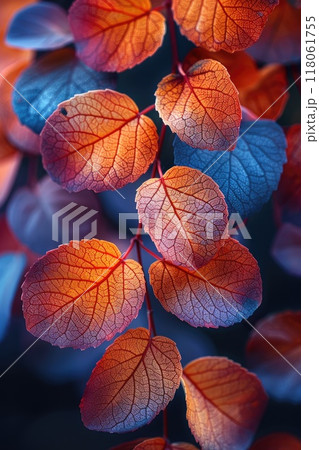 Branch with colorful autumn leaves changing color 118061755