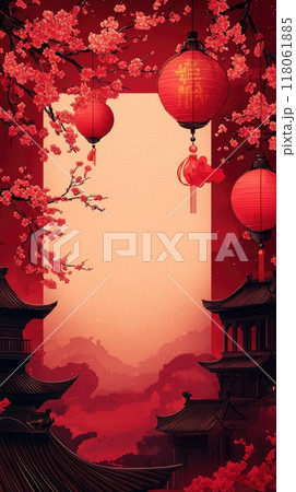Traditional japanese background featuring paper lanterns and cherry blossoms Traditional japanese background featuring paper lanterns and cherry blossoms 118061885
