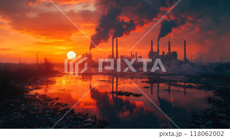 A burning industrial landscape at sunset with thick smoke rising into the sky, highlighting environmental destruction 118062002