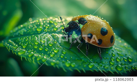A ladybug rests on a dew-covered leaf, its vibrant orange and black body standing out against the lush green background 118062003