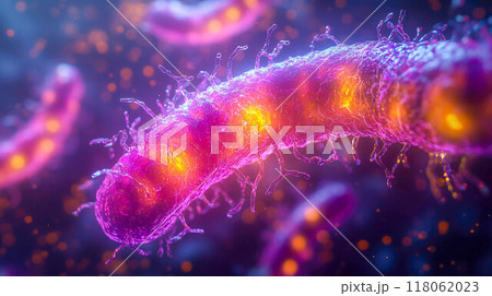 Close-up of glowing bacteria in vibrant shades of pink and purple, depicting microorganisms in a digestive system under a microscope 118062023