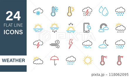 Set of Weather Line Icons. Weather Forecast graphic elements. Meteorology. Temperature, Sun, Cloud, Rain. Sunrise and Sunset pictogram. Editable stroke. Vector illustration 118062095