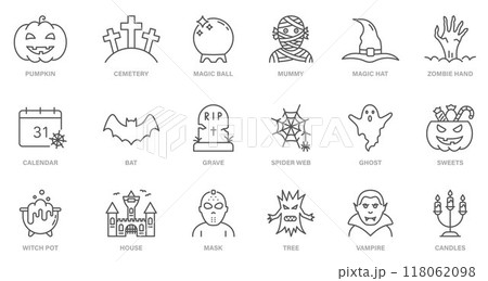 Halloween Set Line Icon. Pumpkin, Ghost, Bat, Grave, Candy, Vampire, Creepy Castle Black Icon for Celebration 31 October. Spooky Horror Outline Pictogram. Editable Stroke. Vector Illustration 118062098