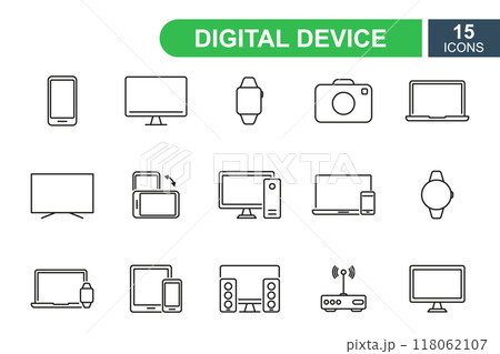 Smart devices and gadget line icons. Devices and electronics line pictograms. Mobile phone, smart watch, computer, laptop, wi-fi router, pc, tablet, camera icons. Editable stroke. Vector illustration Smart devices and gadget line icons. Devices and electronics line pictograms. Mobile phone, smart watch, computer, laptop, wi-fi router, pc, tablet, camera icons. Editable stroke. Vector illustration 118062107
