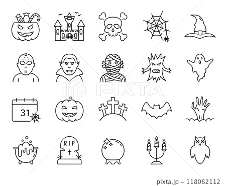 Halloween Set Line Icon. Spooky Horror Linear Pictogram. Halloween Concept. Pumpkin, Ghost, Bat, Grave, Skull, Vampire Scary Magic Outline Icon. Editable Stroke. Isolated Vector Illustration Halloween Set Line Icon. Spooky Horror Linear Pictogram. Halloween Concept. Pumpkin, Ghost, Bat, Grave, Skull, Vampire Scary Magic Outline Icon. Editable Stroke. Isolated Vector Illustration 118062112