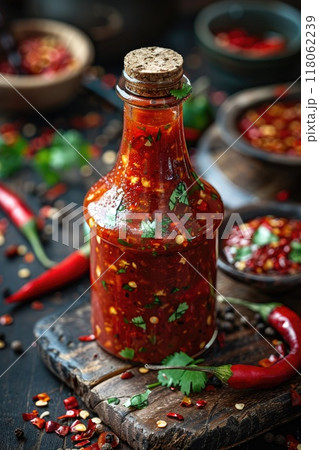 Bottle of spicy sauce with red hot chili pepper. 118062239