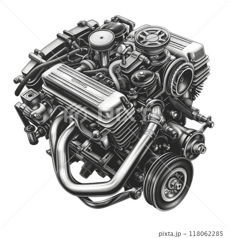 Detailed illustration of a performance car engine with components 118062285