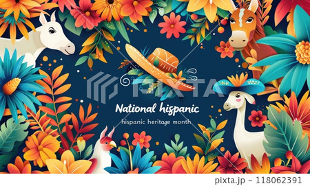 National hispanic heritage month festival banner with colorful tropical flowers, sombrero. 118062391